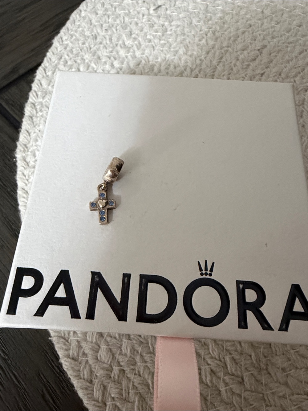 Pandora Gold Cross Charm with Light Blue Stones